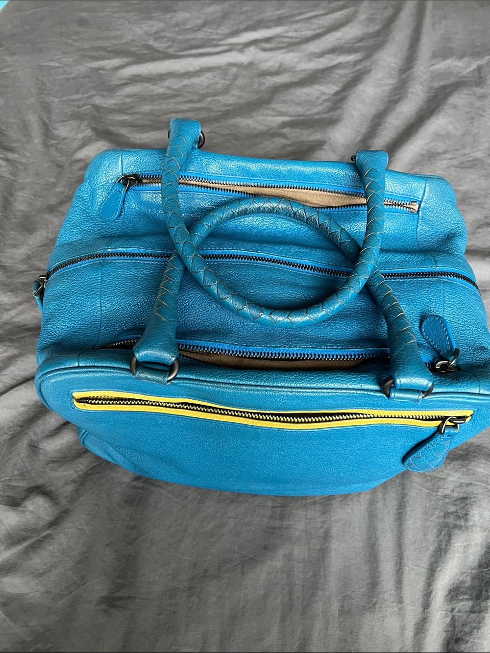 Bottega Veneta Turquoise Leather Tote with Yellow Zip Accent